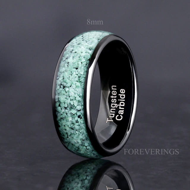Black tungsten moss agate ring labeled 8mm, standing angled