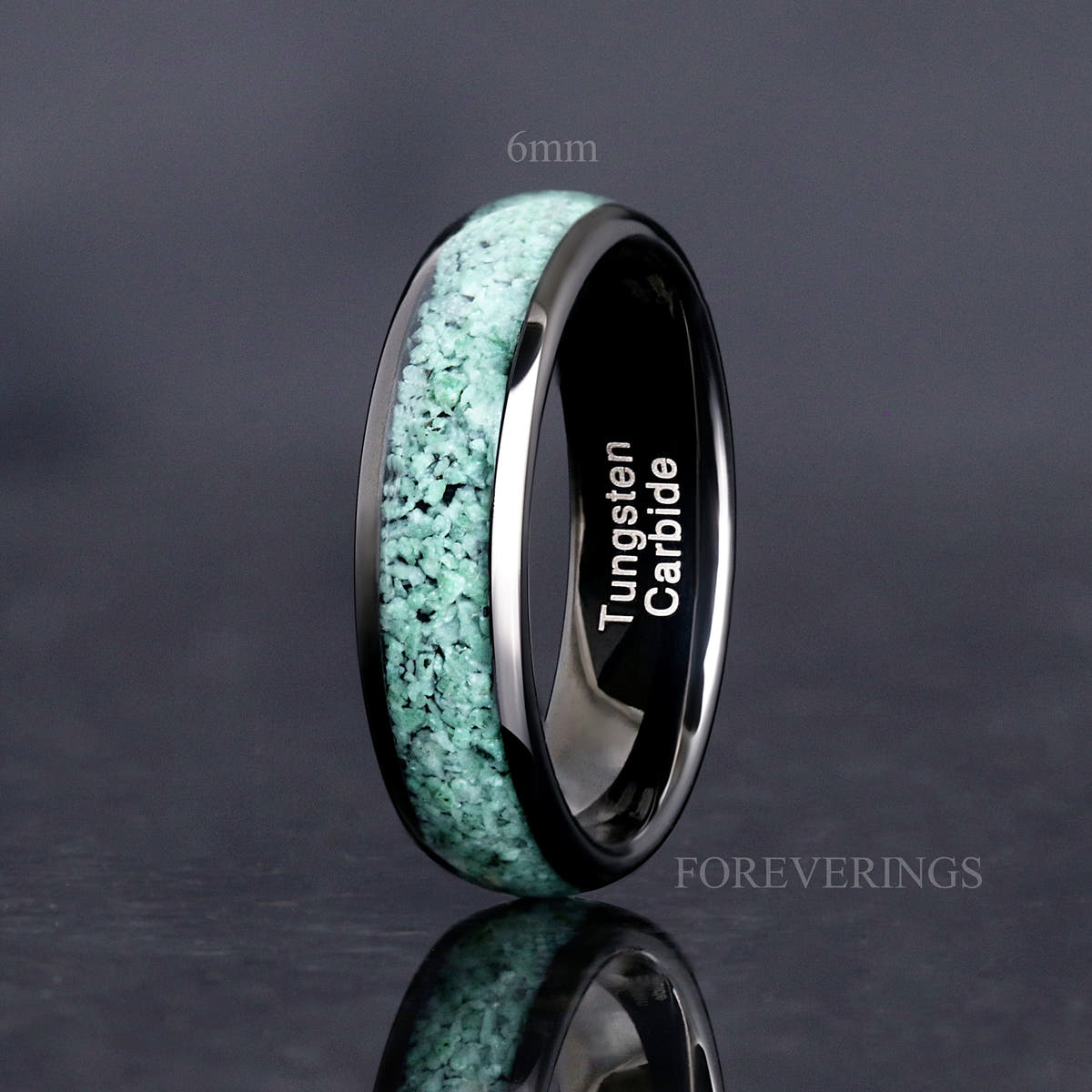 Black tungsten moss agate ring labeled 6mm, standing angled toward the interior