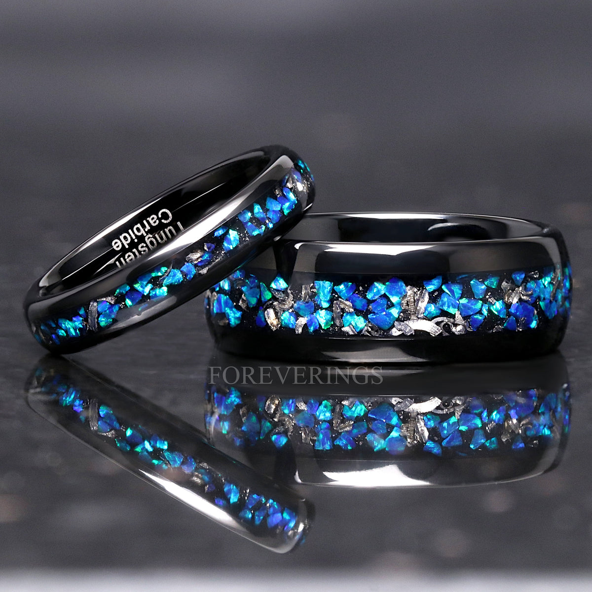 Blue Opal and Meteorite Inlay Ring | Black Tungsten Wedding Band
