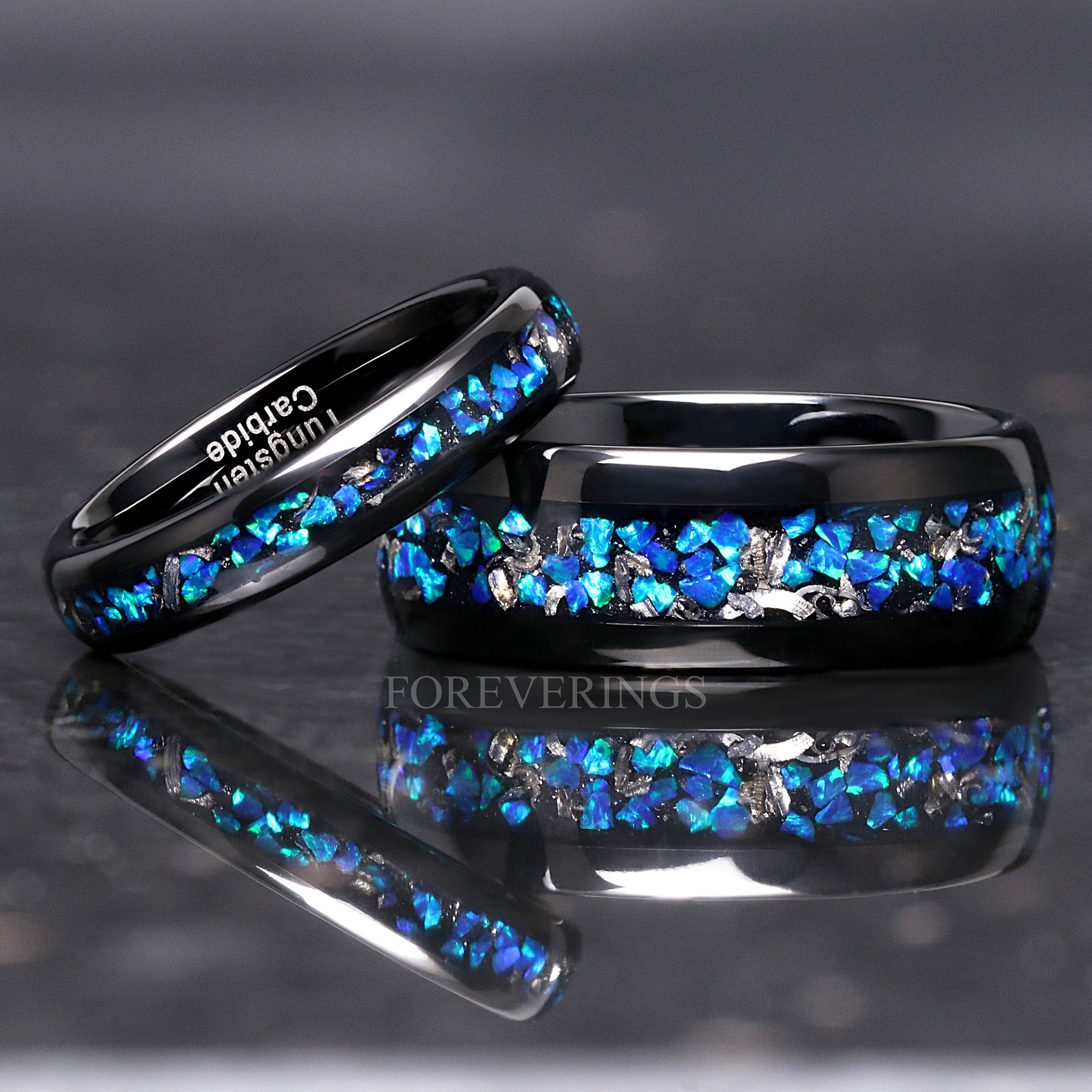 Meteorite and Blue Opal Wedding Band, 4mm Black Tungsten Ring, Women Men Ring, Domed, Polished, Comfort Fit, Birthday Anniversary Gift