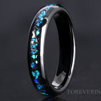Blue Opal and Meteorite Inlay Ring | Black Tungsten Wedding Band