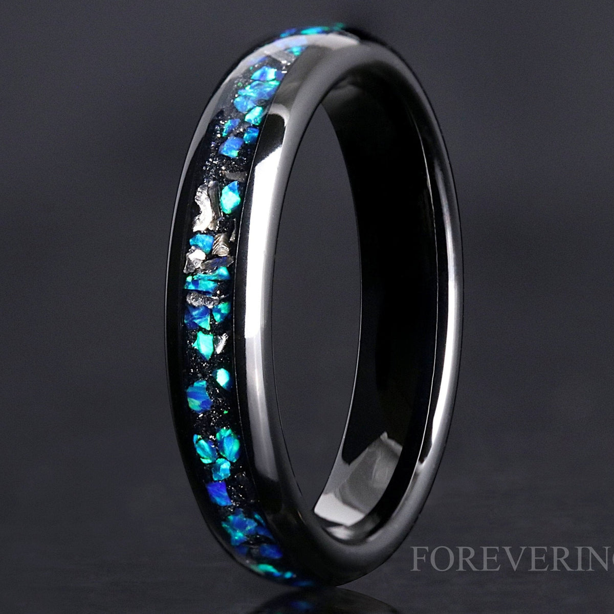 Blue Opal and Meteorite Inlay Ring | Black Tungsten Wedding Band