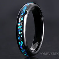 Blue Opal and Meteorite Inlay Ring | Black Tungsten Wedding Band