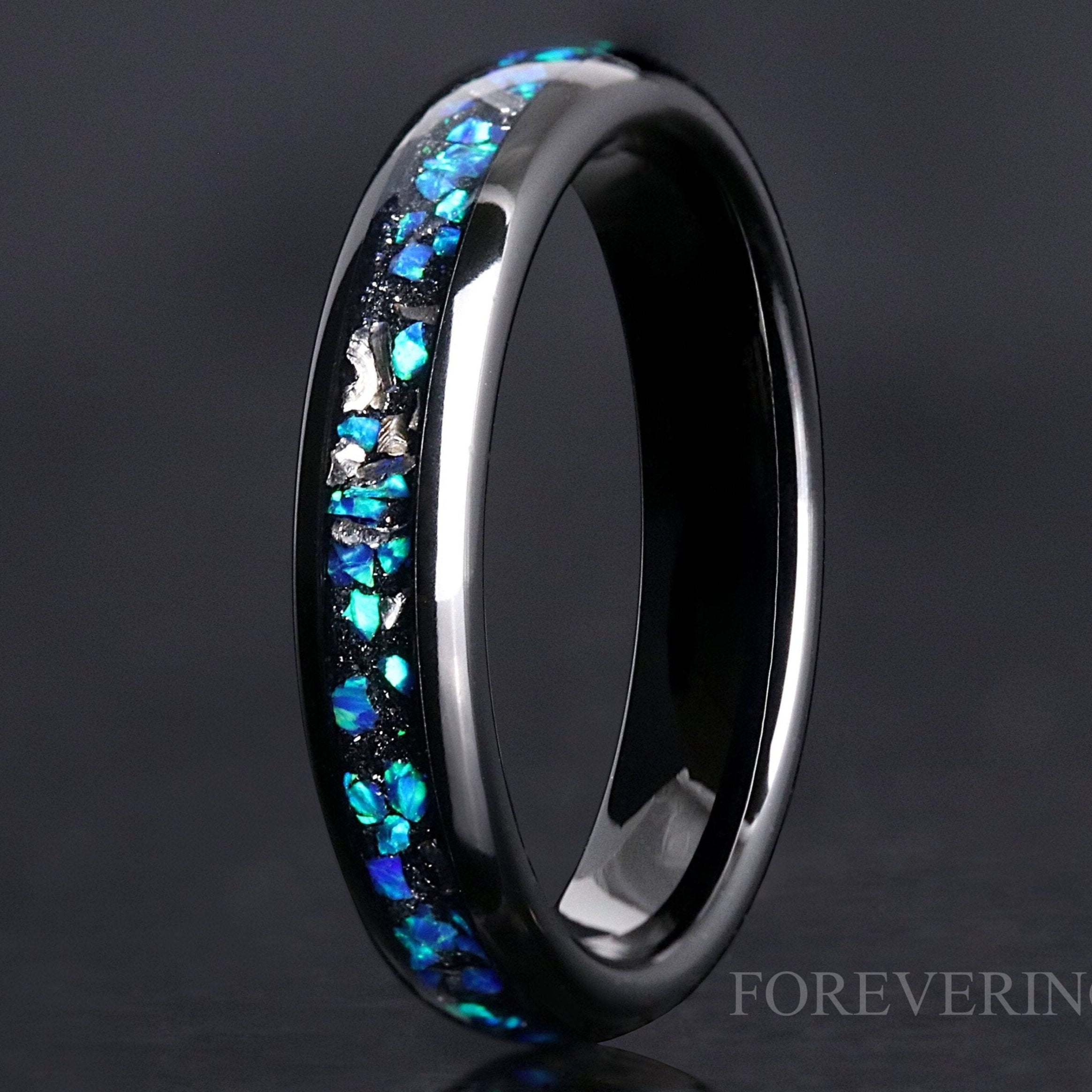 Meteorite and Blue Opal Wedding Band, 4mm Black Tungsten Ring, Women Men Ring, Domed, Polished, Comfort Fit, Birthday Anniversary Gift