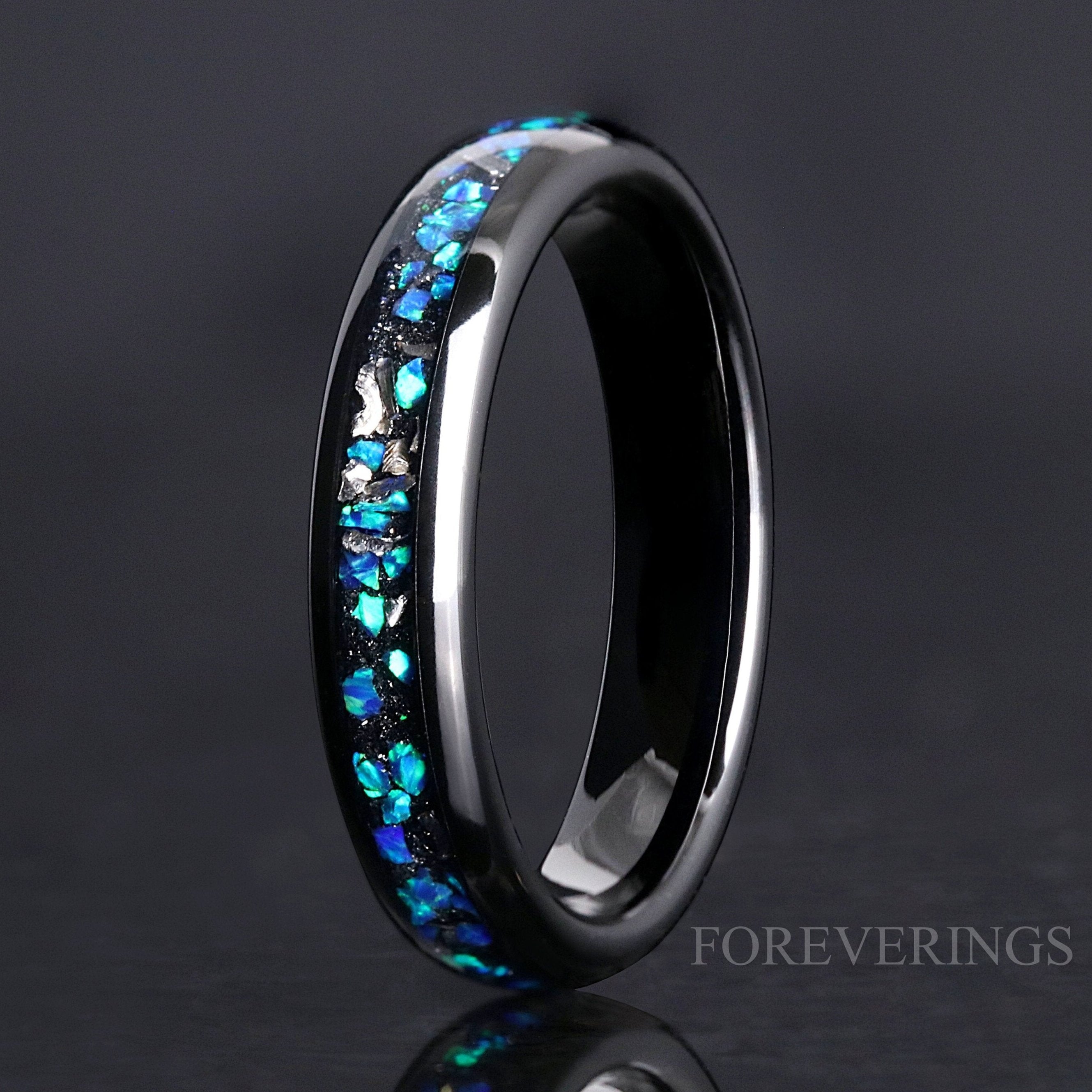 Meteorite and Blue Opal Wedding Band, 4mm Black Tungsten Ring, Women Men Ring, Domed, Polished, Comfort Fit, Birthday Anniversary Gift