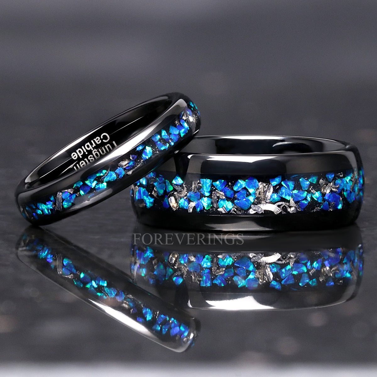 Meteorite & Blue Opal Inlay | Black Tungsten Wedding Band | 8mm