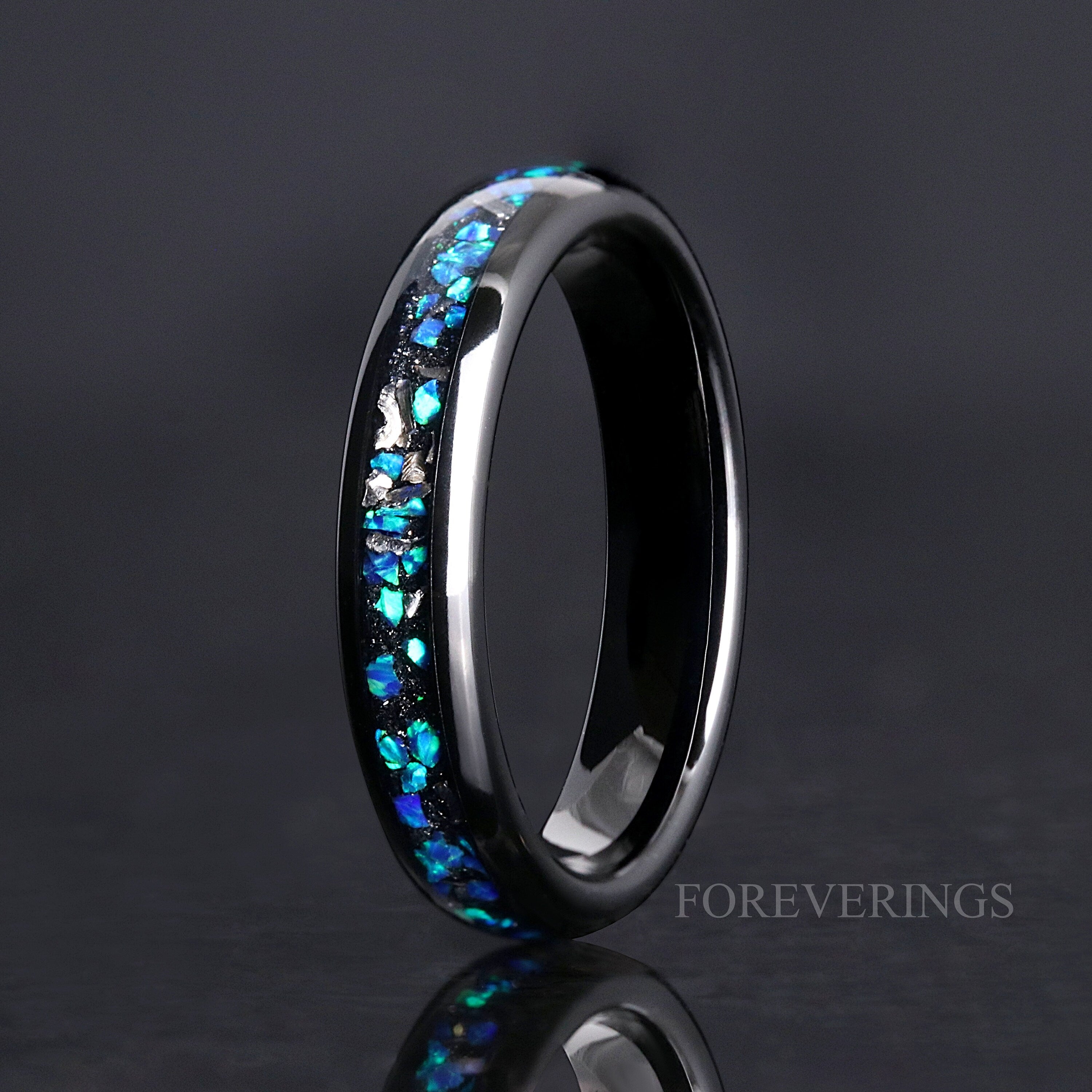 Meteorite and Blue Opal Ring Set, His and Hers Tungsten Wedding Bands, 8mm & 4mm Black Ring Set, Couples Ring, Polish, Dome, Comfort Fit