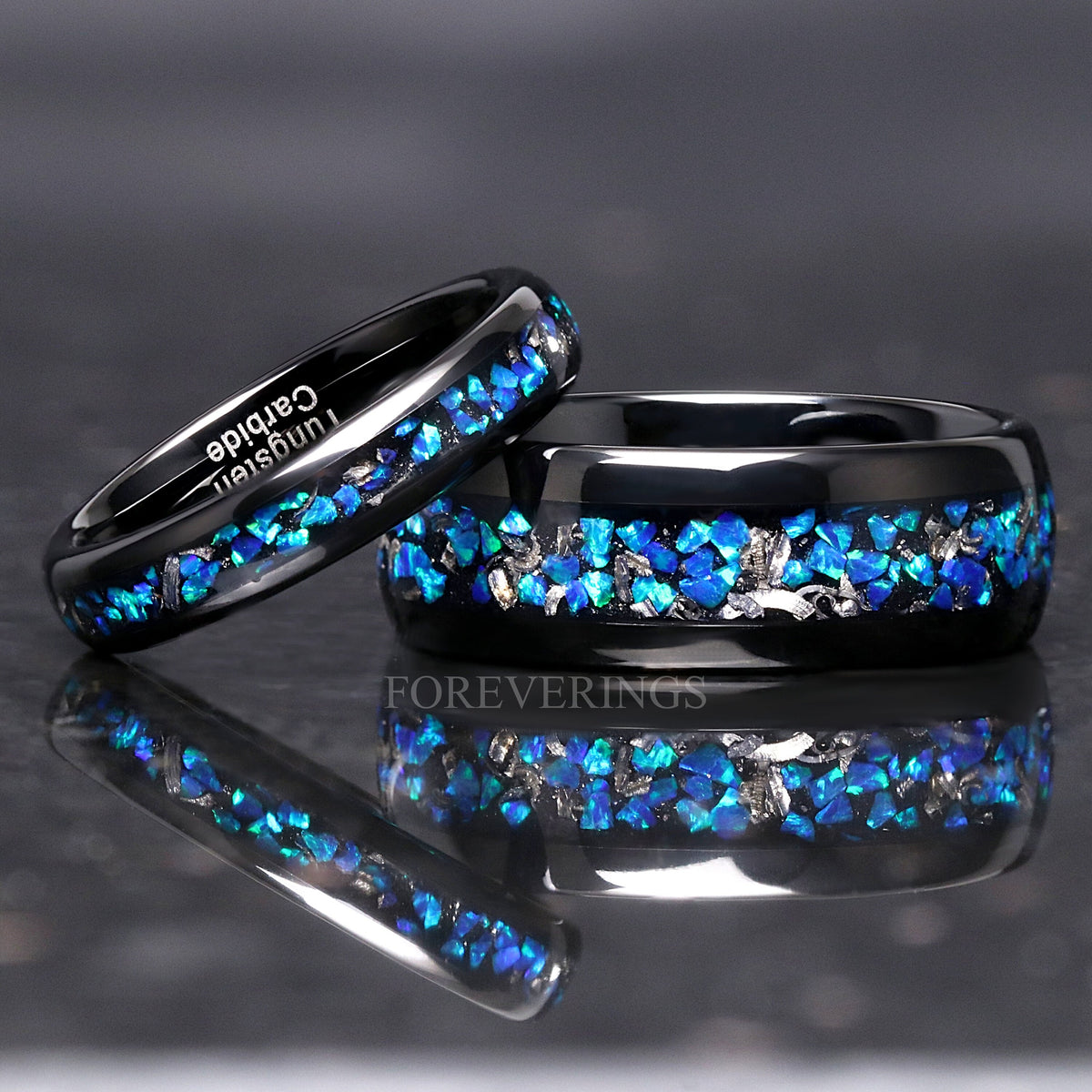 Meteorite and Blue Opal Ring Set, His and Hers Tungsten Wedding Bands, 8mm & 4mm Black Ring Set, Couples Ring, Polish, Dome, Comfort Fit