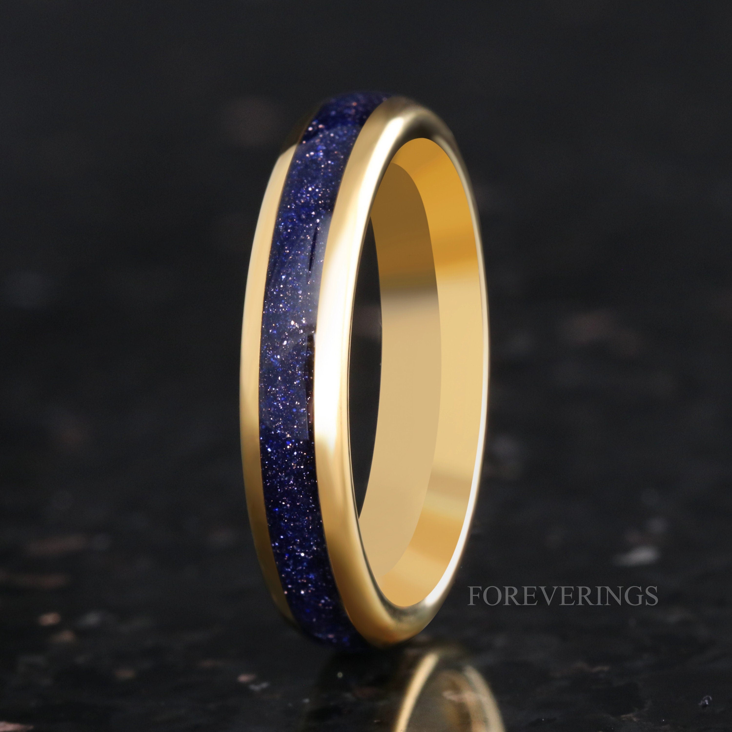 Great Rift Nebula Gold Tungsten Ring, 8mm-6mm-4mm Wedding Band, Outer Space Ring, Dome, Polish, Man Woman Gift, Blue Sandstone Ring