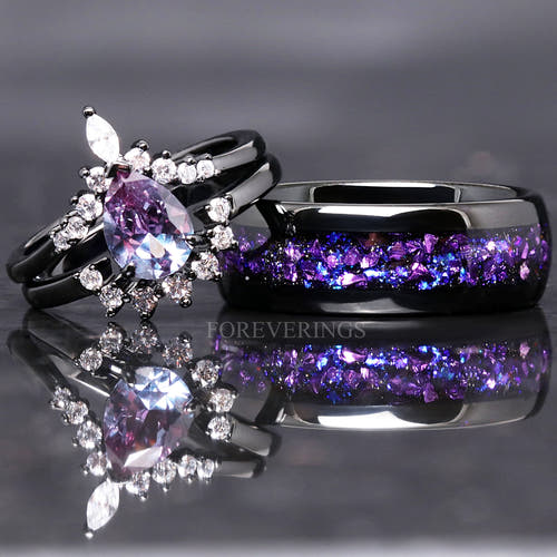Matching black couples ring set: pear-cut alexandrite engagement ring and 8mm tungsten band