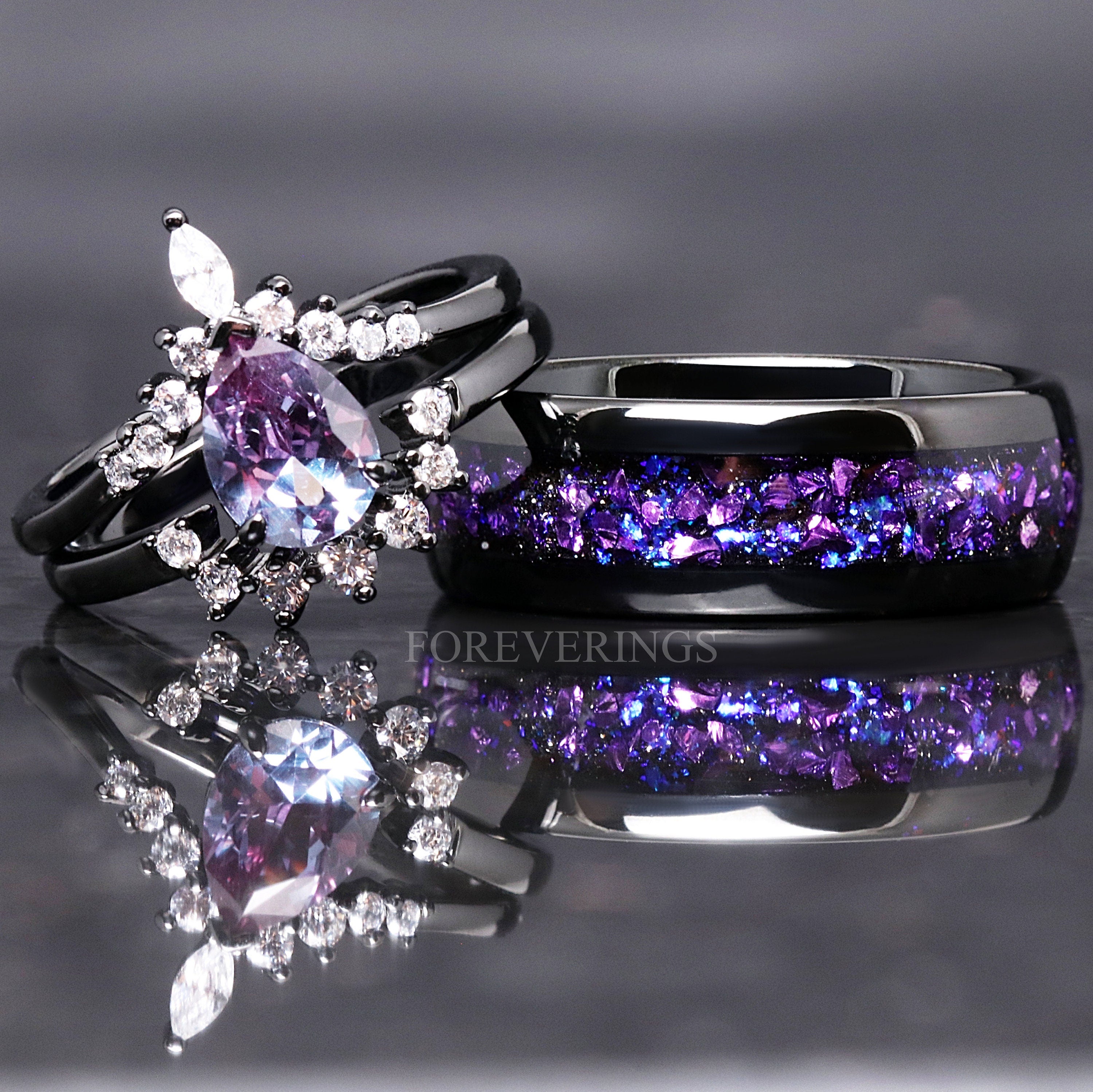 Alexandrite Ring Set, Crab Nebula, Outer Space His and Her Tungsten Wedding Band, 925 Sterling Silver and Tungsten, Black Gold Filled Ring