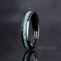 Women's 4mm black tungsten ring with green moss agate inlay, standing upright with a 4mm label