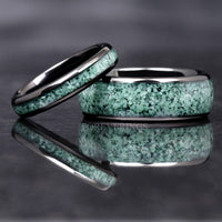 Green Moss Agate Ring Set, His and Her Tungsten Wedding Band, 8mm & 4mm Black Ring Set, Polish, Dome, Comfort Fit, Birthday Anniversary Gift