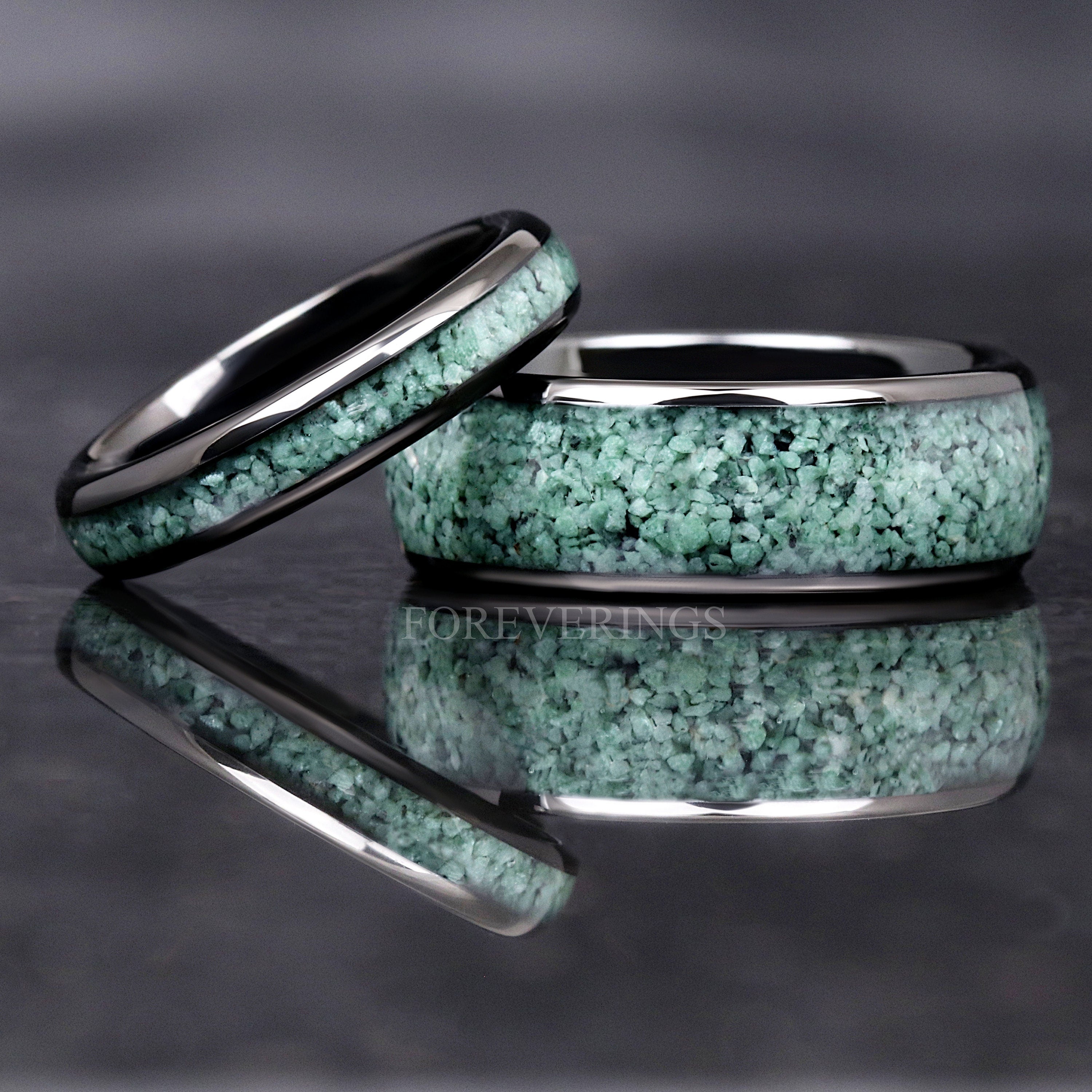 Green Moss Agate Ring Set, His and Her Tungsten Wedding Band, 8mm & 4mm Black Ring Set, Polish, Dome, Comfort Fit, Birthday Anniversary Gift