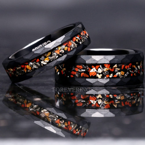 Real Dinosaur Bone Meteorite Ring | Matte Black Tungsten Wedding Band
