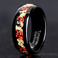 Red Fire Opal Gold Leaf Inlay Black Tungsten Band | 4mm 8mm Ring