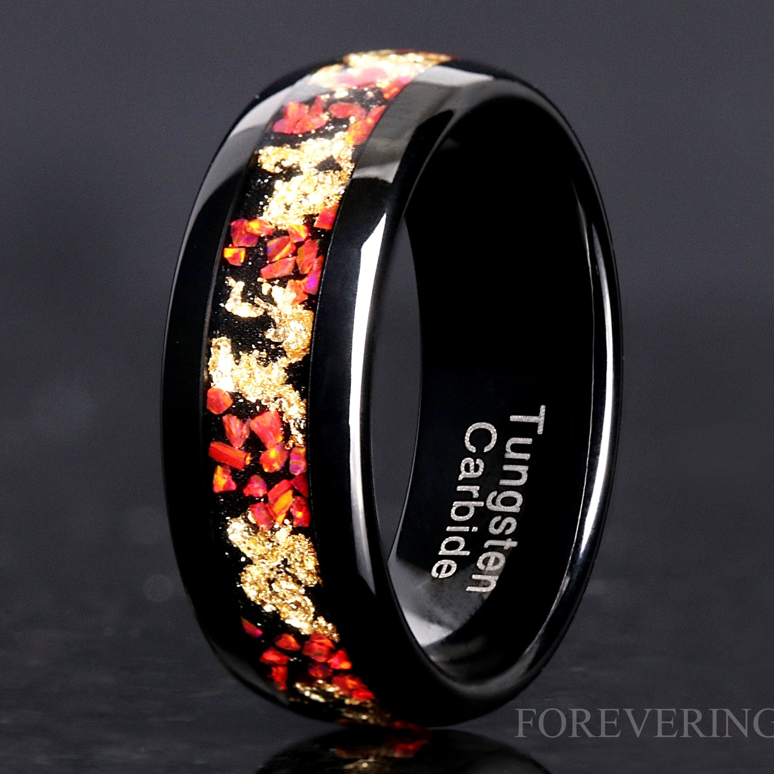 Red Opal and Gold Leaf Ring, Black Tungsten Ring, Man Woman Wedding Band, Crushed Red Fire Opal, Polished, Dome, Comfort Fit, Unique Ring