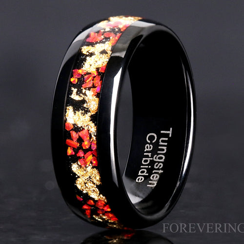 Red Fire Opal Gold Leaf Inlay Black Tungsten Band | 4mm 8mm Ring