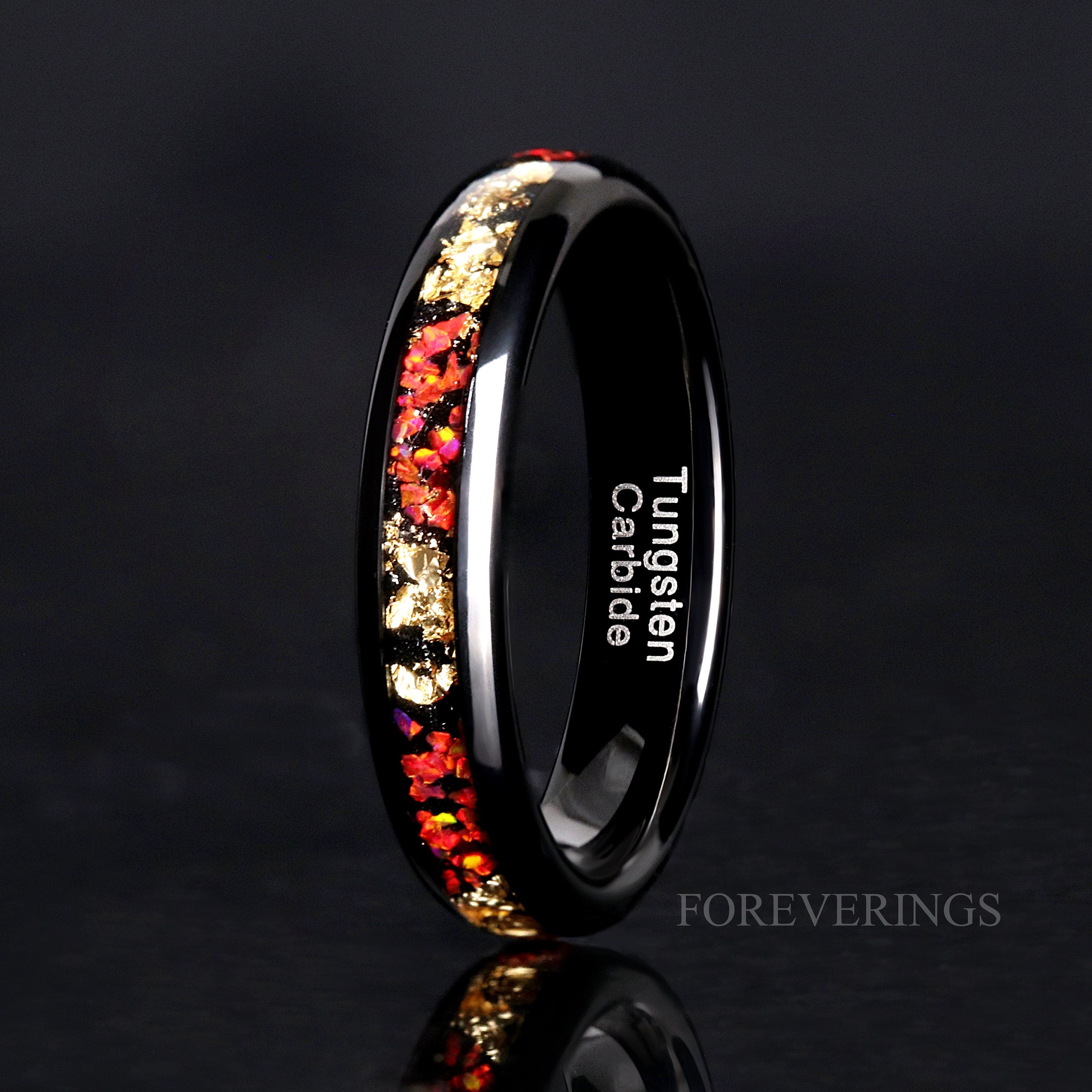 Red Opal and Gold Leaf Ring, Black Tungsten Ring, Man Woman Wedding Band, Crushed Red Fire Opal, Polished, Dome, Comfort Fit, Unique Ring