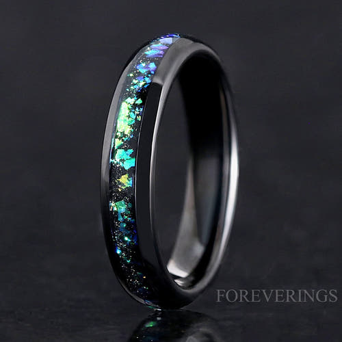 4mm black tungsten ring with Rosette Nebula inlay, standing upright close-up
