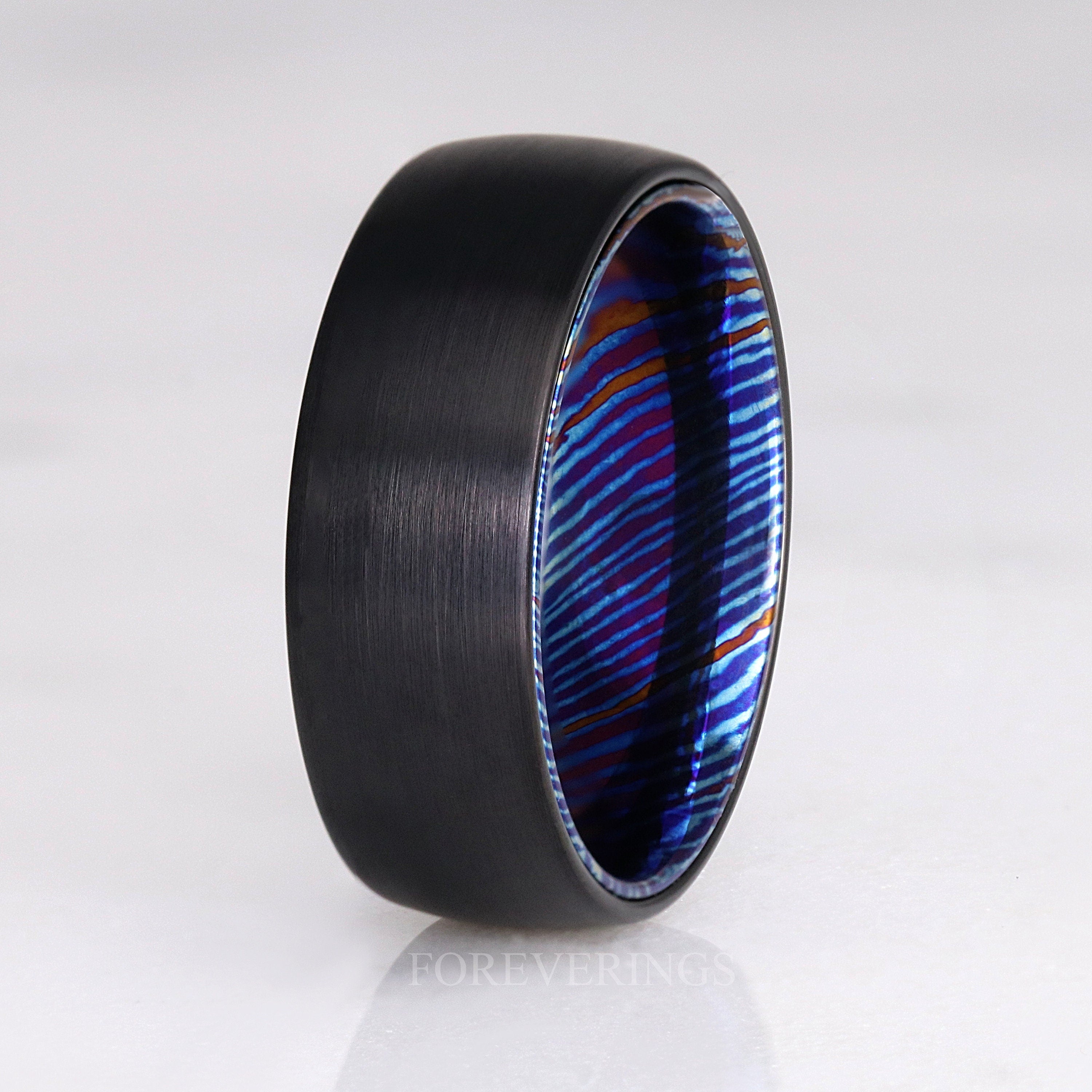 Timascus Ring Men, Damascus Wedding Band, Black Tungsten, Man Simple and Unique Ring, Matte Brushed, Dome, Black and Blue Ring, Engraving