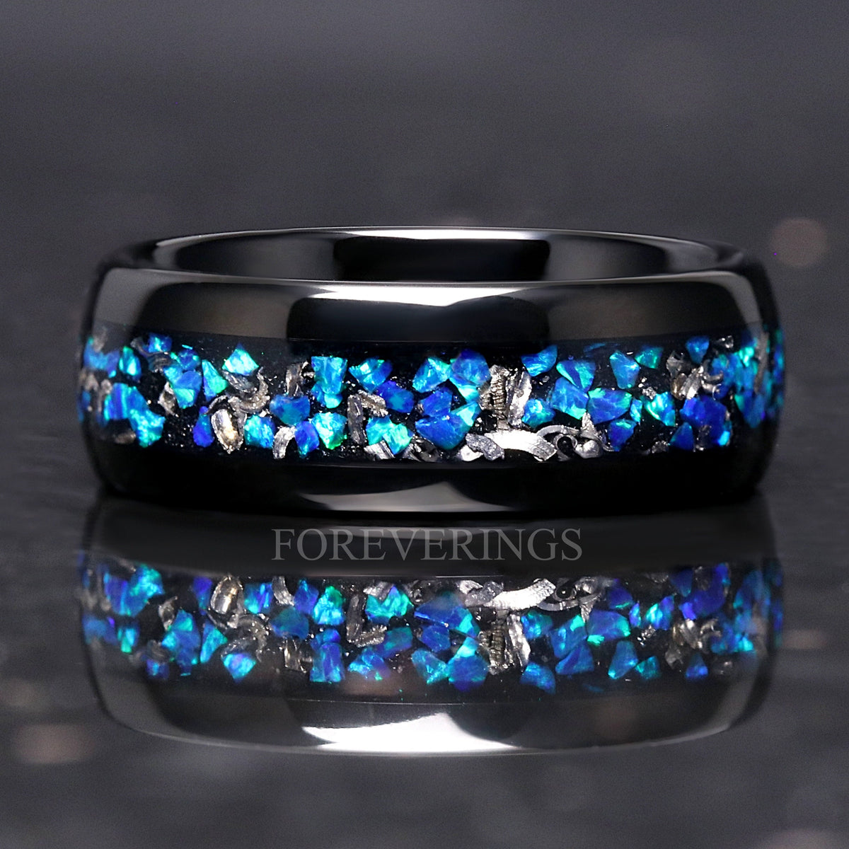 Meteorite & Blue Opal Inlay | Black Tungsten Wedding Band | 8mm