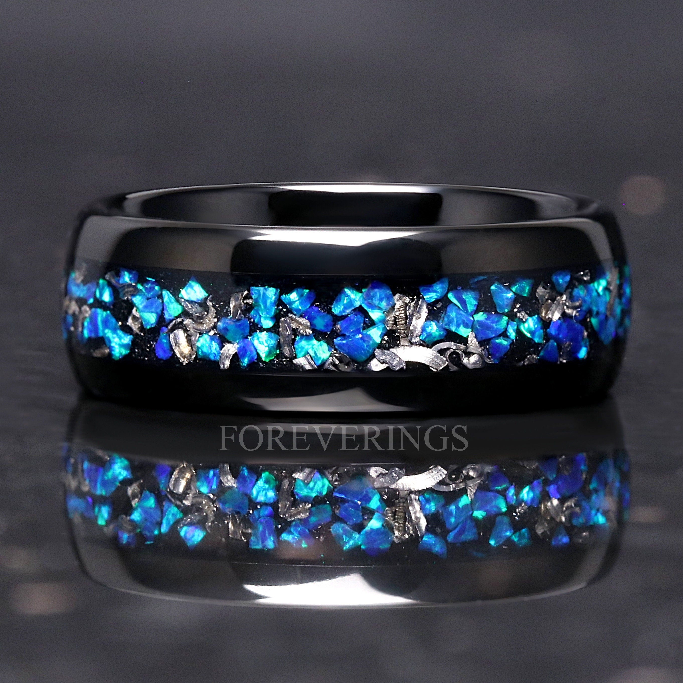 Meteorite and Blue Opal Wedding Band, Galaxy Opal, 8mm Black Tungsten Ring, Dome, Flat, Polished, Comfort Fit, Gift for Him, Unique Ring