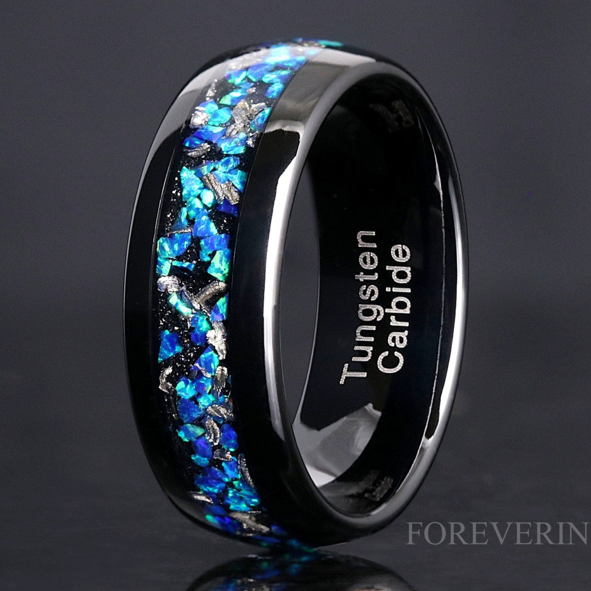 Meteorite & Blue Opal Inlay | Black Tungsten Wedding Band | 8mm