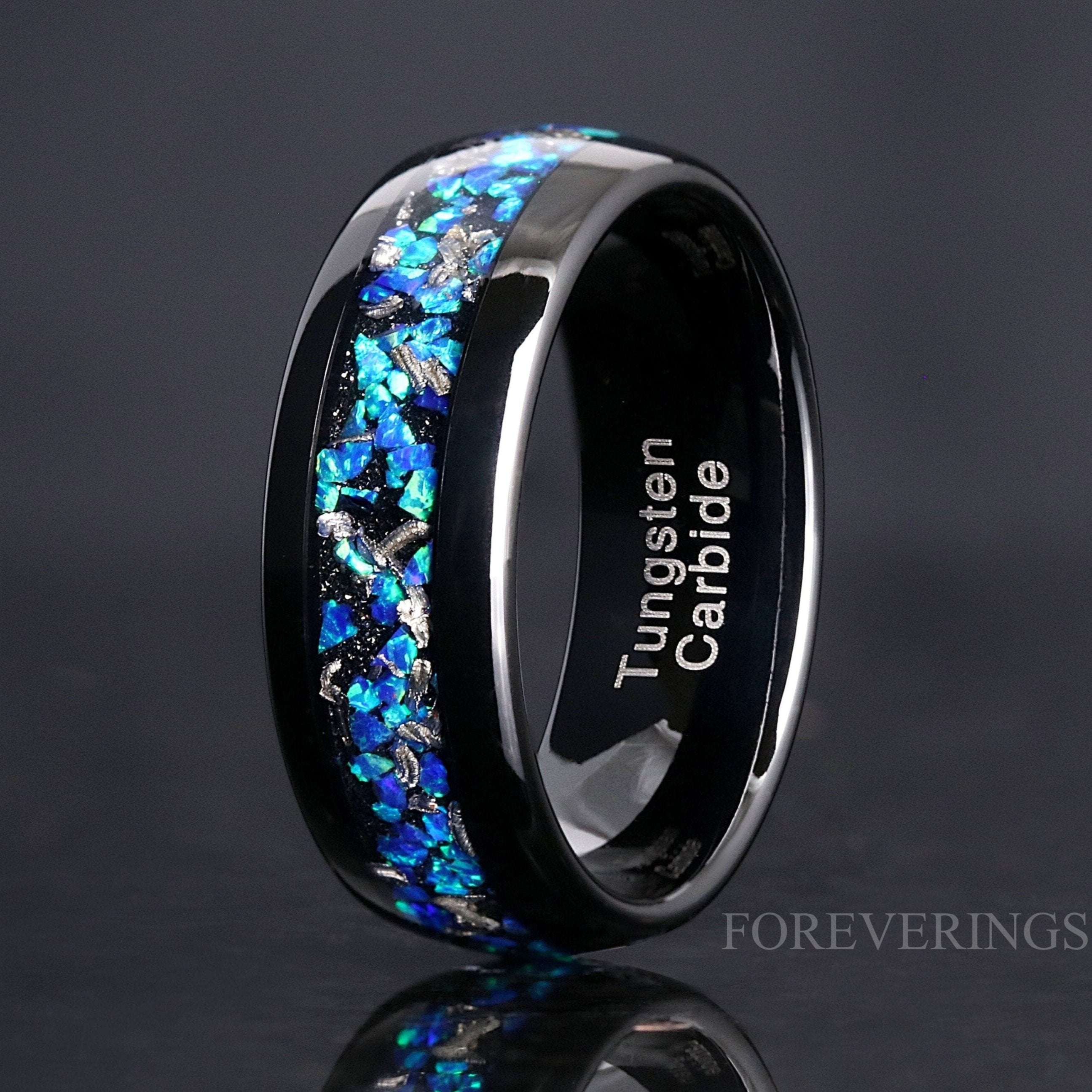 Meteorite and Blue Opal Wedding Band, Galaxy Opal, 8mm Black Tungsten Ring, Dome, Flat, Polished, Comfort Fit, Gift for Him, Unique Ring