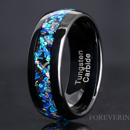 Meteorite & Blue Opal Inlay | Black Tungsten Wedding Band | 8mm