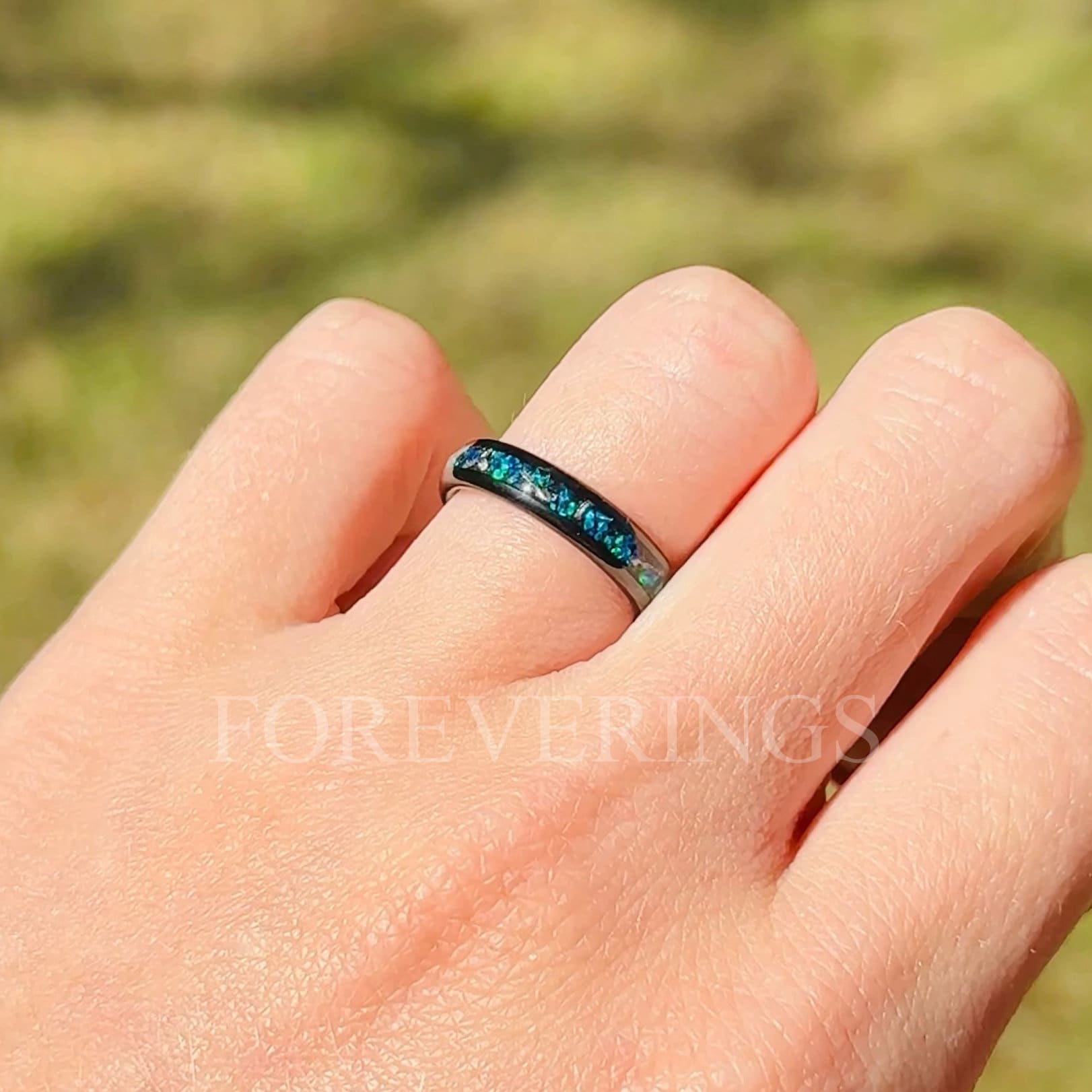 Meteorite and Blue Opal Wedding Band, 4mm Black Tungsten Ring, Women Men Ring, Domed, Polished, Comfort Fit, Birthday Anniversary Gift