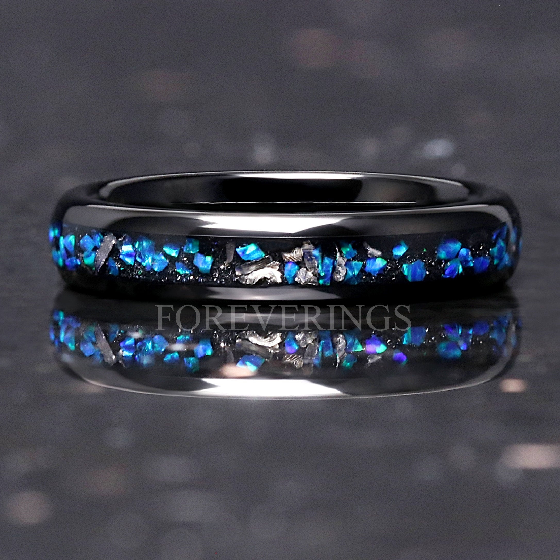 Meteorite and Blue Opal Wedding Band, 4mm Black Tungsten Ring, Women Men Ring, Domed, Polished, Comfort Fit, Birthday Anniversary Gift