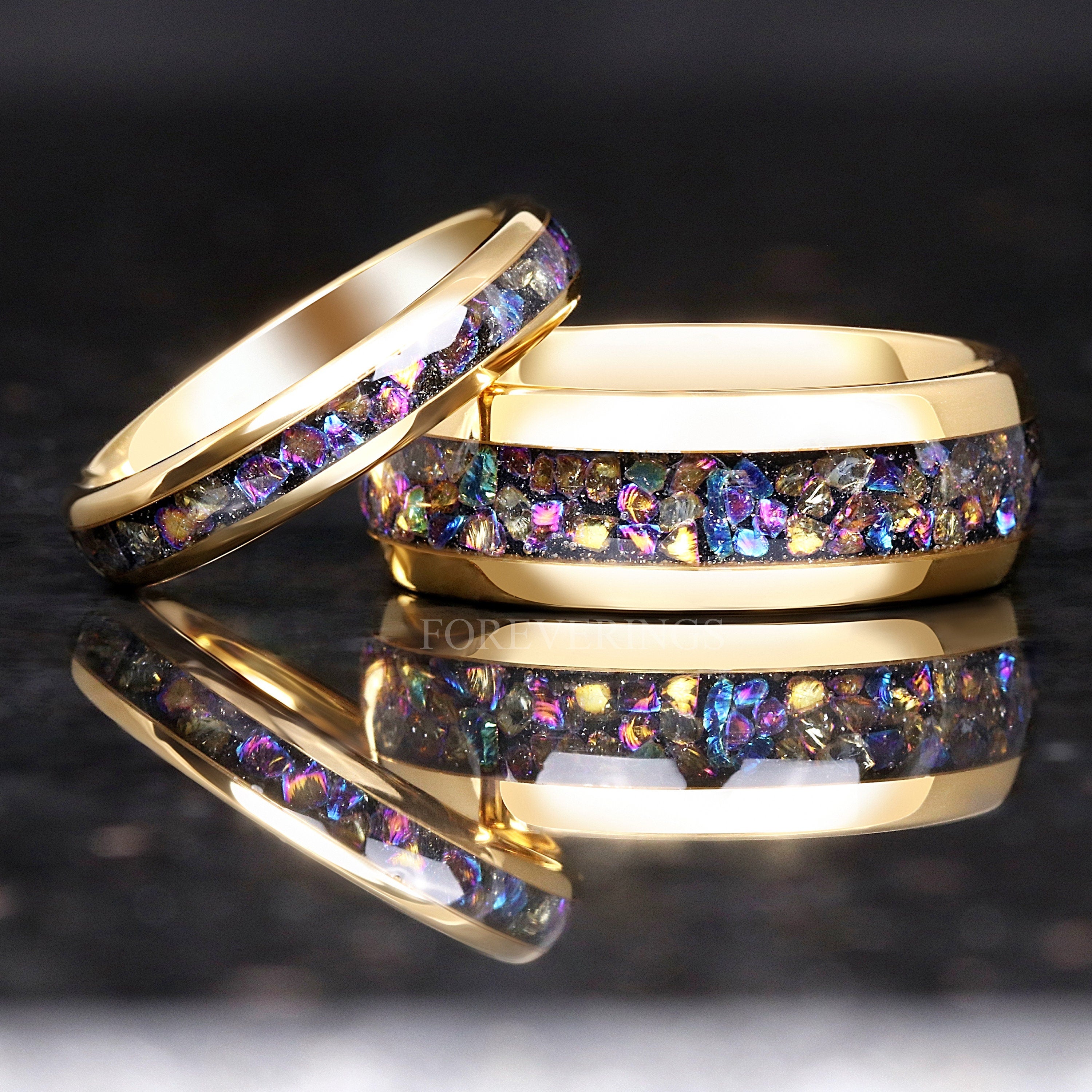 Veil Nebula Ring Set, His and Her Tungsten Wedding Band, 8mm & 4mm Gold Ring, Outer Space Couples Ring Set, Polish, Dome, Comfort Fit