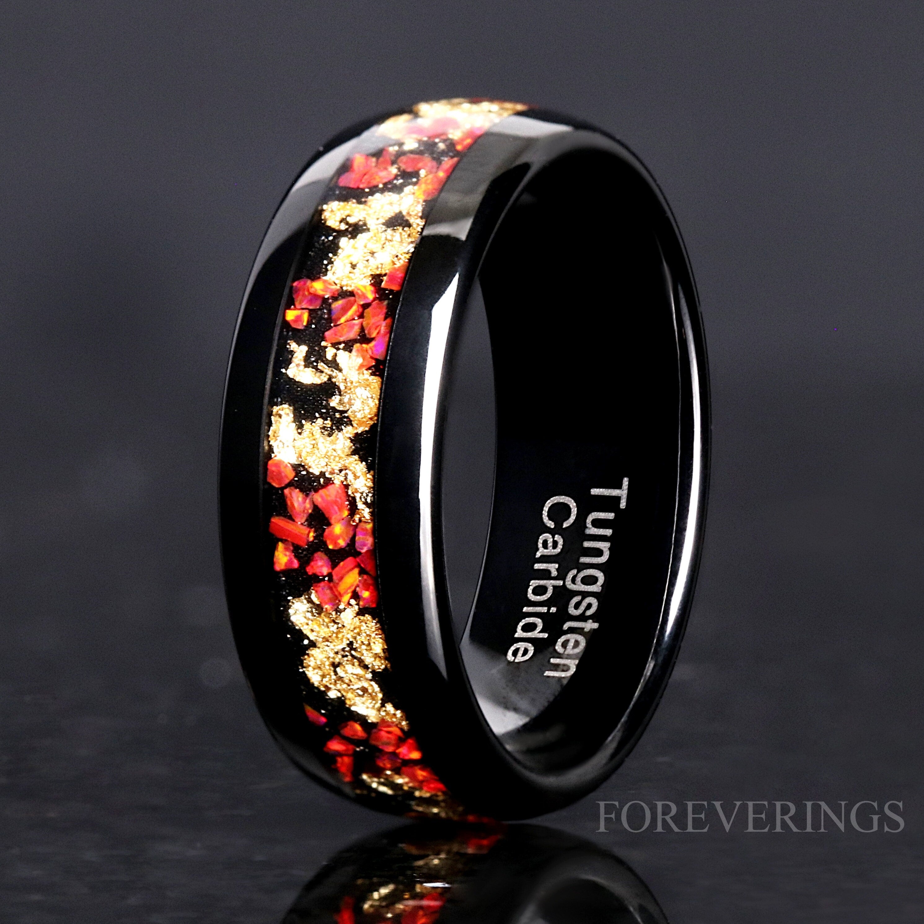 Red Opal and Gold Leaf Ring Set, His and Hers Tungsten Wedding Band, 8mm & 4mm Black Ring Set, Couples Ring, Polish, Dome, Comfort Fit