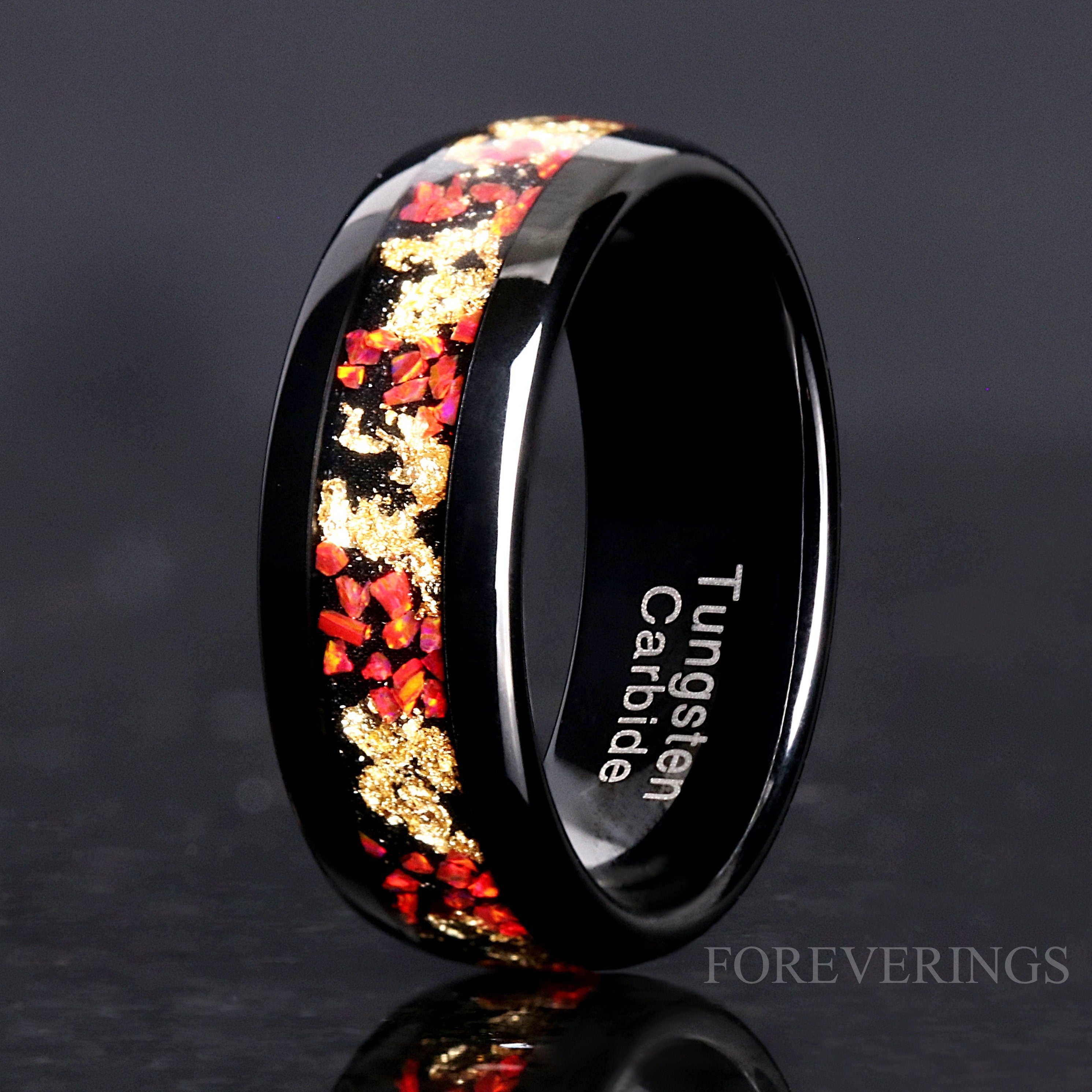 Red Opal and Gold Leaf Ring, Black Tungsten Ring, Man Woman Wedding Band, Crushed Red Fire Opal, Polished, Dome, Comfort Fit, Unique Ring