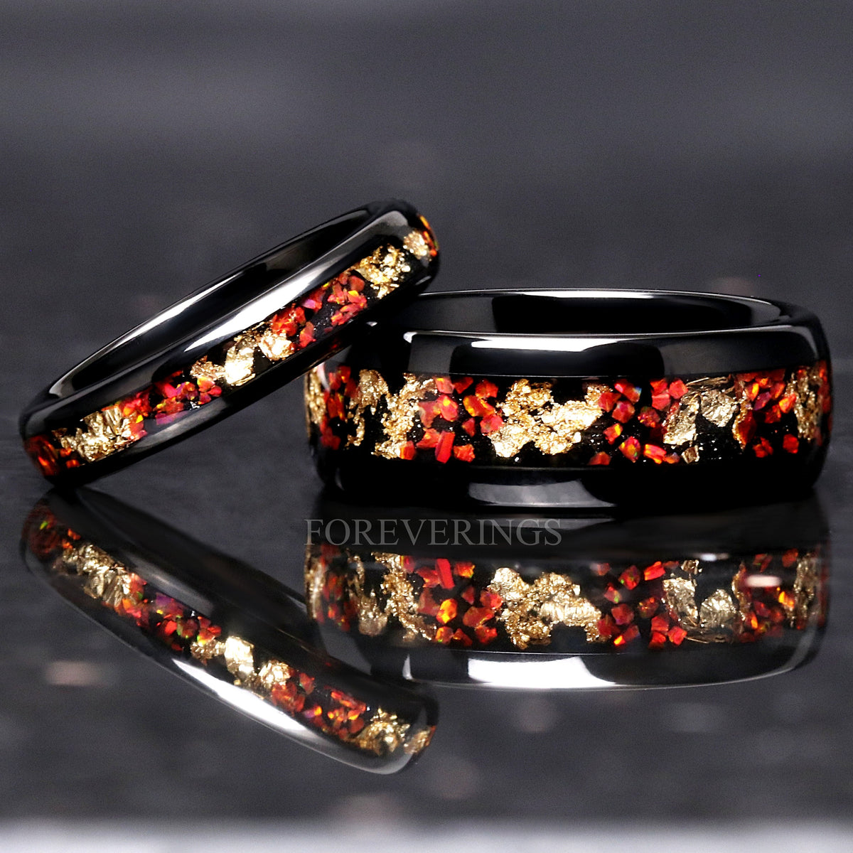 Red Fire Opal and Gold Leaf Tungsten Wedding Band | 4mm Black Ring