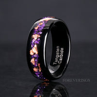 Matching Amethyst Wedding Band Set, Purple Couples Ring Set, His and Hers Tungsten Bands, 8mm & 4mm Black Dome Polish, Comfort Fit Ring