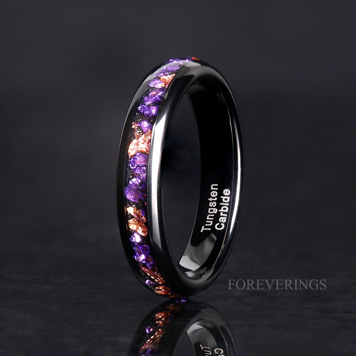 Amethyst Mens Wedding Band, Purple Ring, Black Tungsten Ring, Mens Engagement Ring, Rose Gold Foil, Dome Polish, Comfort Fit Ring for Him