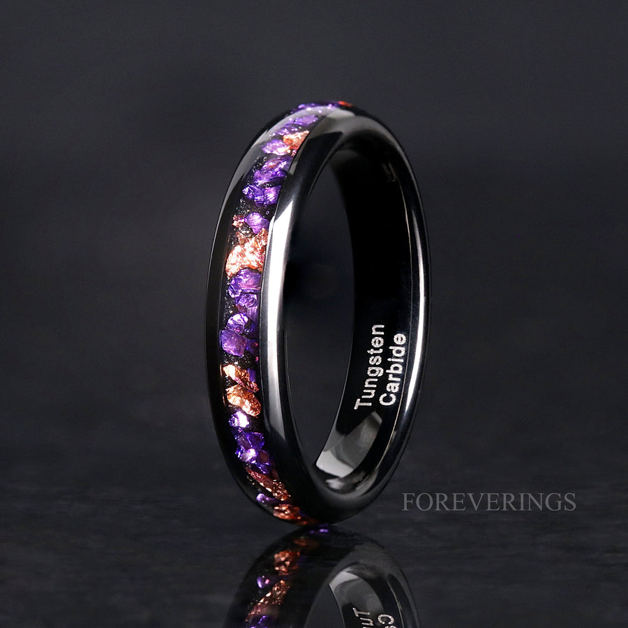 Purple Amethyst Wedding Band, Black Tungsten Ring with Gold Foil, 4mm Dome Comfort Fit, Polished Purple Ring for Women or Men, Unique Gift