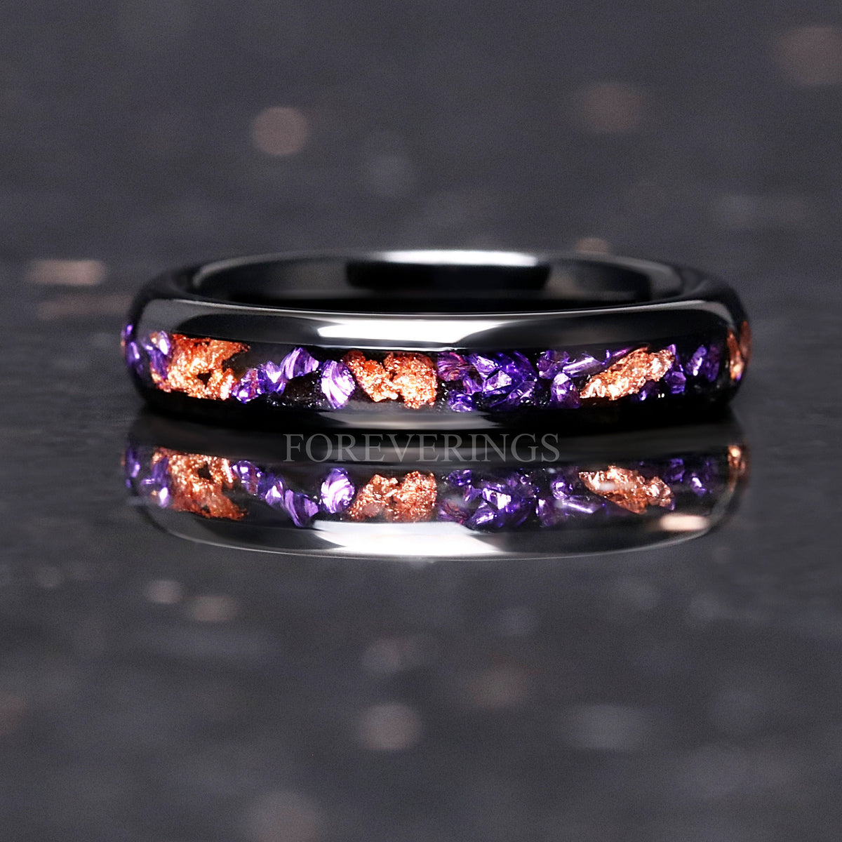 Purple Amethyst Wedding Band, Black Tungsten Ring with Gold Foil, 4mm Dome Comfort Fit, Polished Purple Ring for Women or Men, Unique Gift