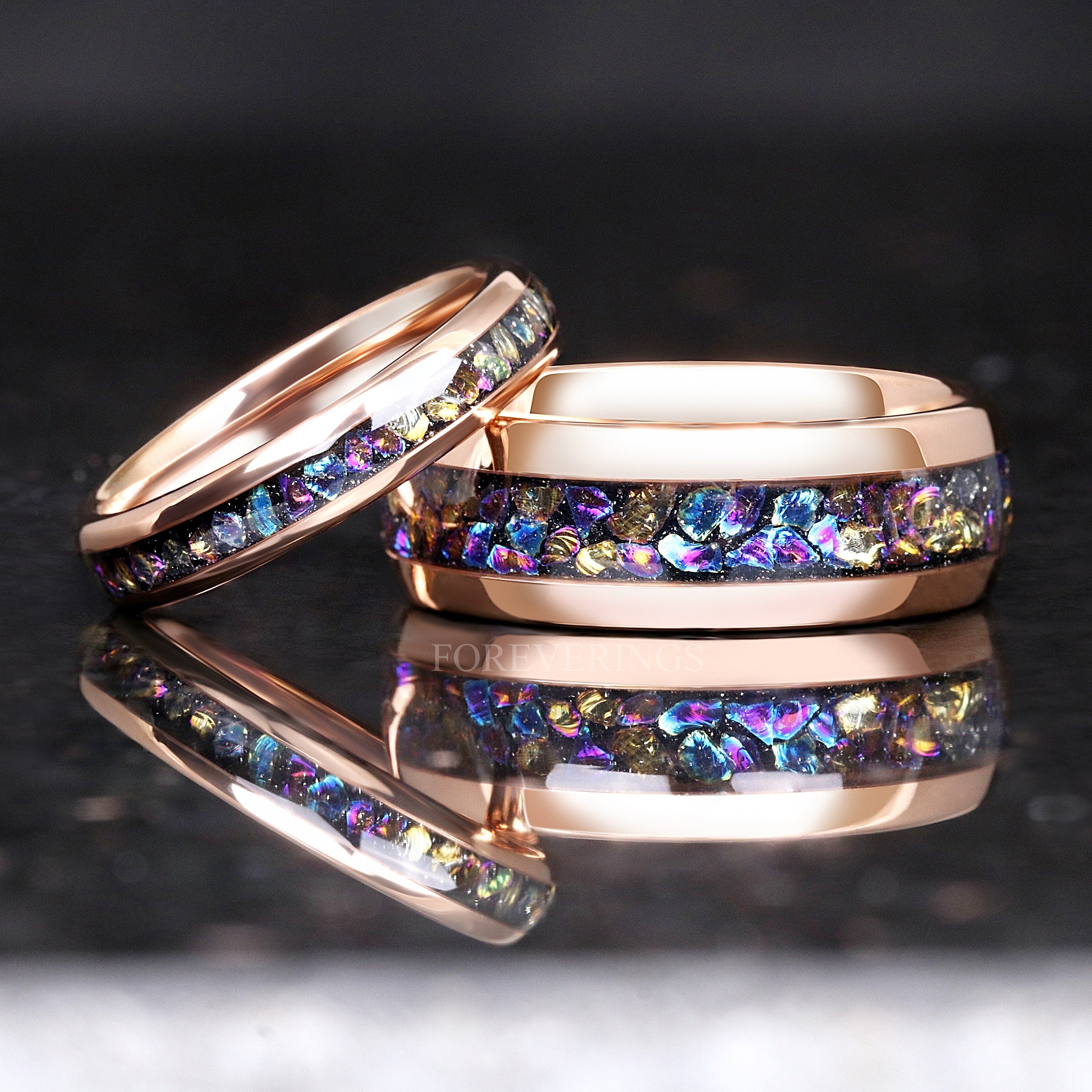 Veil Nebula Ring Set, His and Her Tungsten Wedding Band, 8mm & 4mm Rose Gold Ring, Outer Space Couples Ring Set, Polish, Dome, Comfort Fit