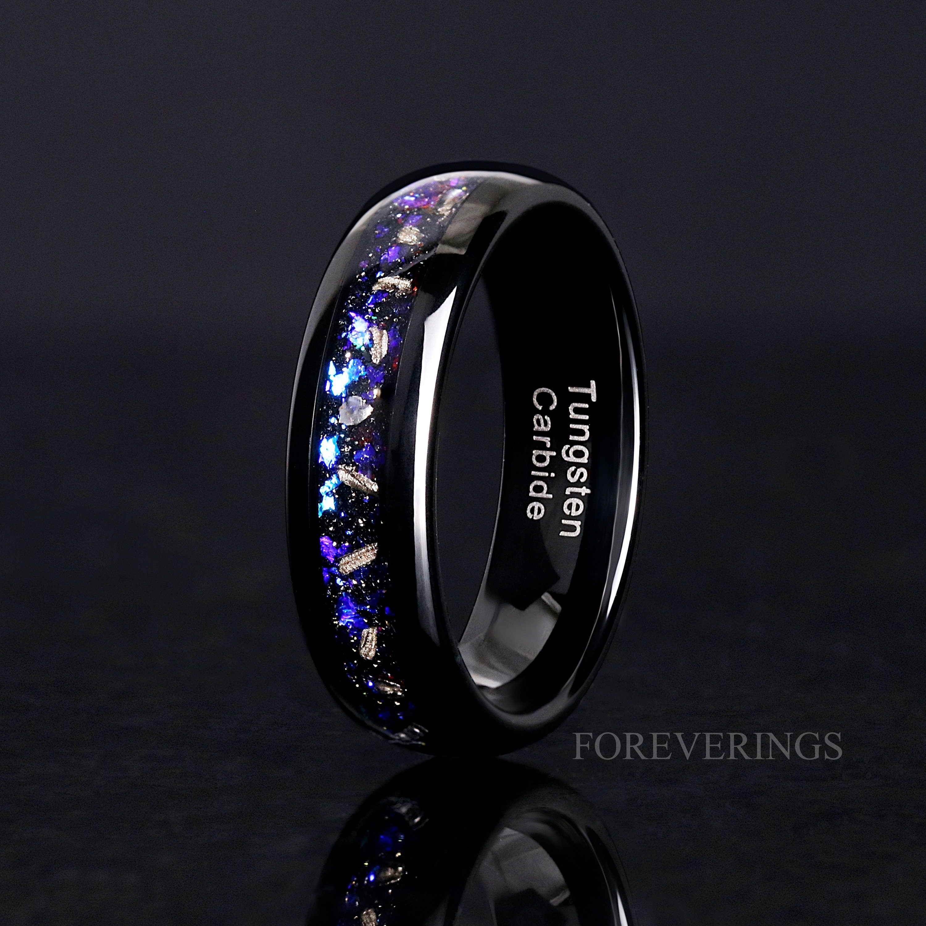 Orion Nebula Ring Meteorite, Mens Space Band, 8mm 6mm Mens Wedding Band, Unique Real Meteorite Black Ring, Blue Nebula, Ring Engraving