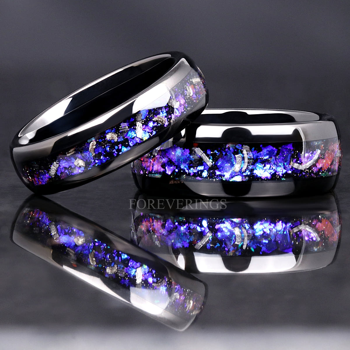8mm and 6mm black tungsten bands with meteorite and Orion nebula sandstone inlay