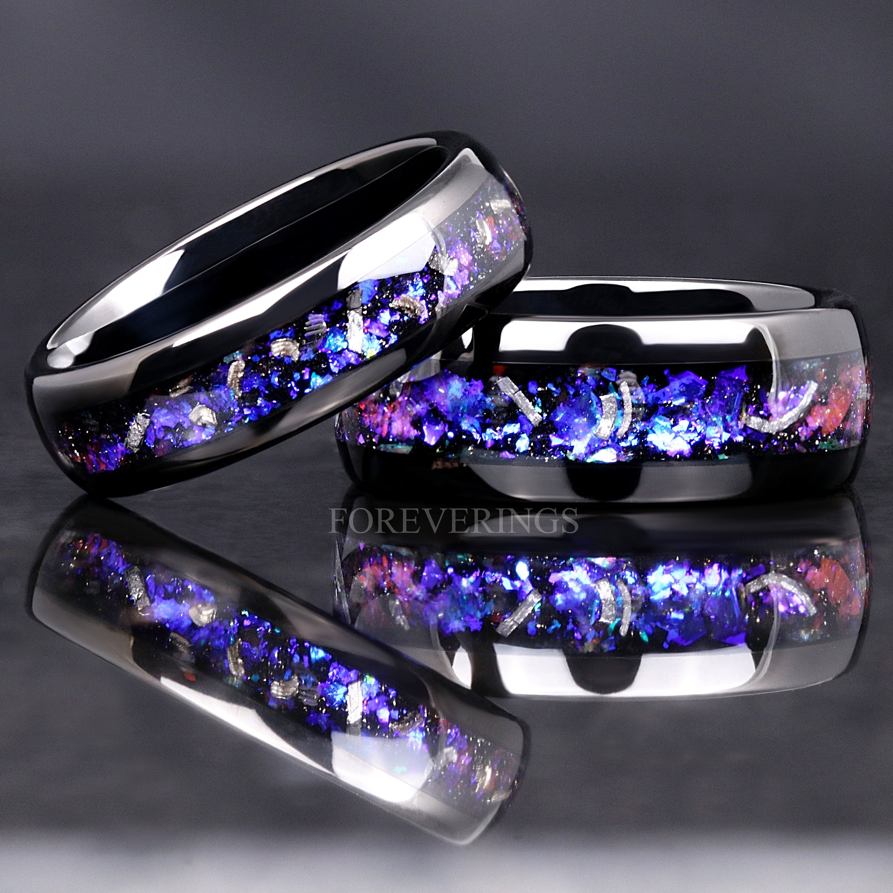 Orion Nebula Ring Meteorite, Mens Space Band, 8mm 6mm Mens Wedding Band, Unique Real Meteorite Black Ring, Blue Nebula, Ring Engraving