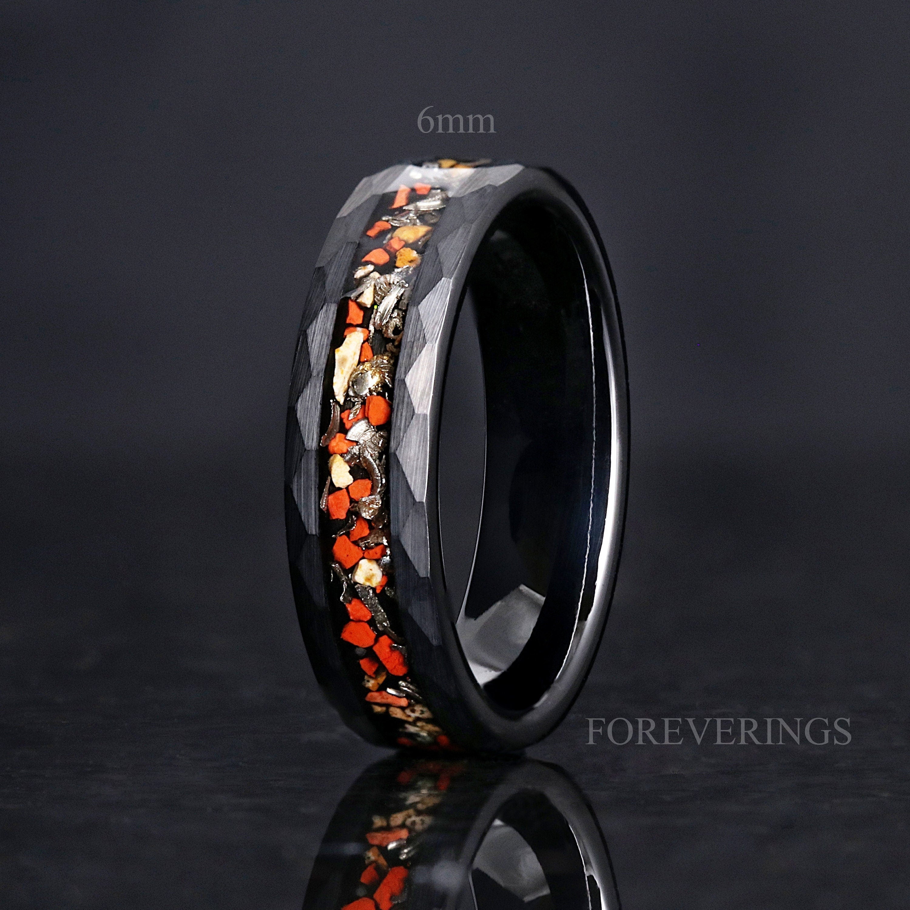 Dinosaur Bone Meteorite Hammered Ring, Matte Black Tungsten Ring, 8mm 6mm Mens Wedding Band, Real Dinosaur Bone Meteorite Ring, Unique Ring