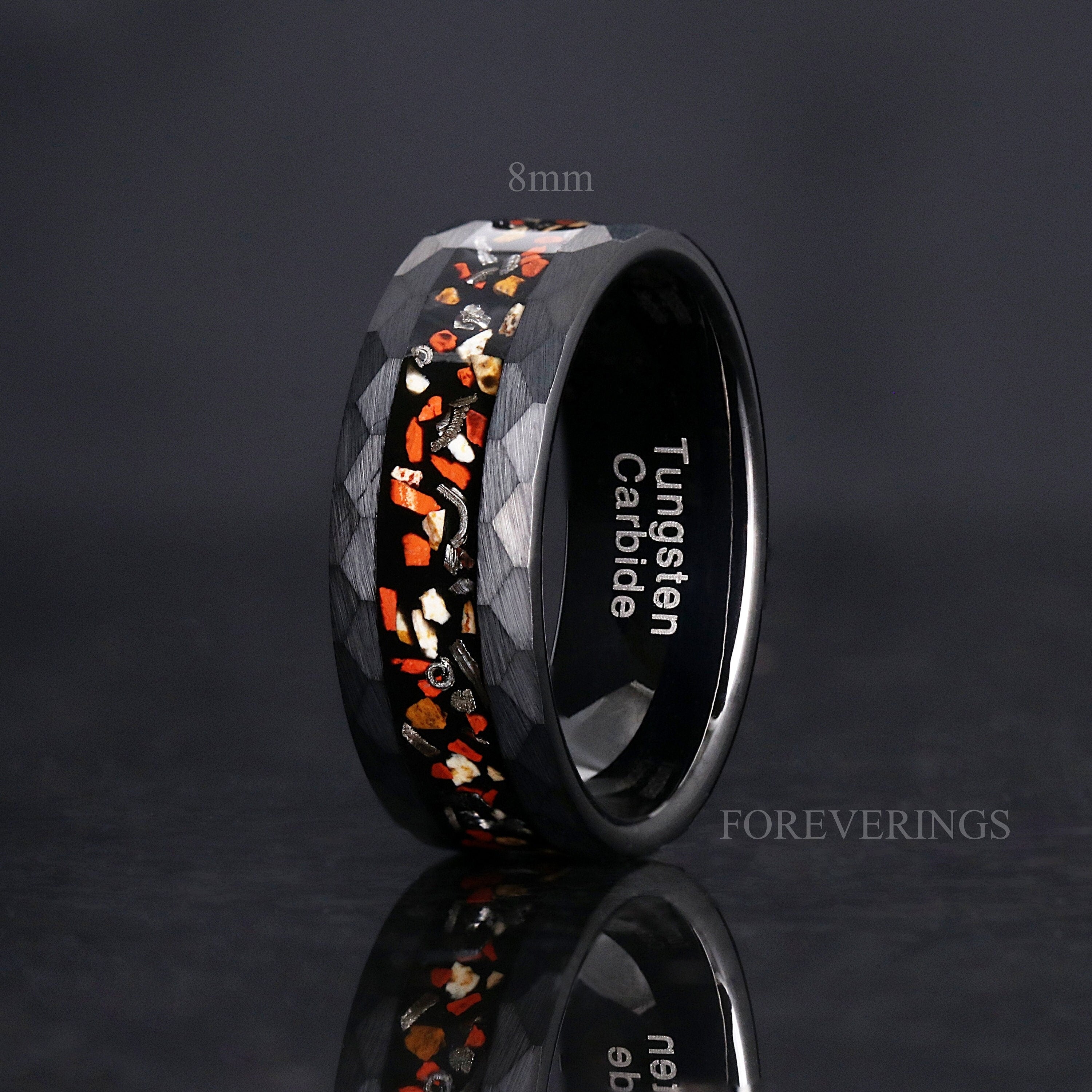 Dinosaur Bone Meteorite Hammered Ring, Matte Black Tungsten Ring, 8mm 6mm Mens Wedding Band, Real Dinosaur Bone Meteorite Ring, Unique Ring