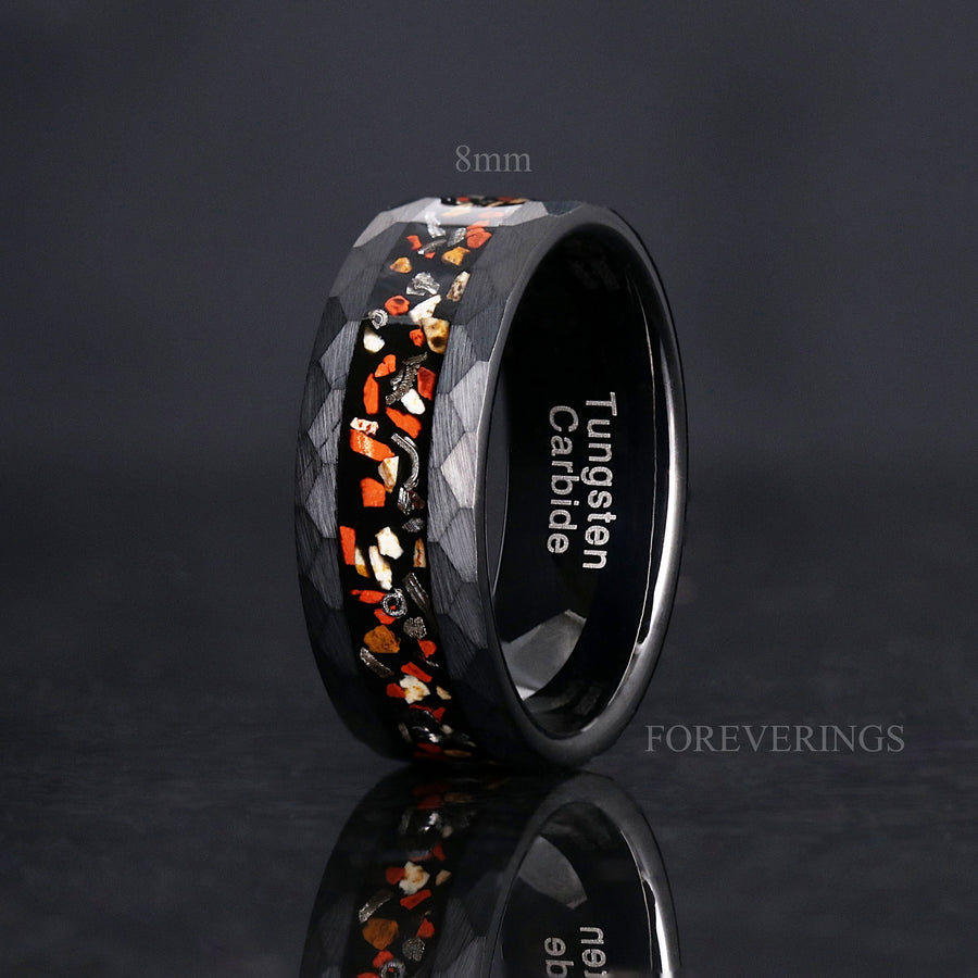 Real Dinosaur Bone Meteorite Ring | Matte Black Tungsten Wedding Band