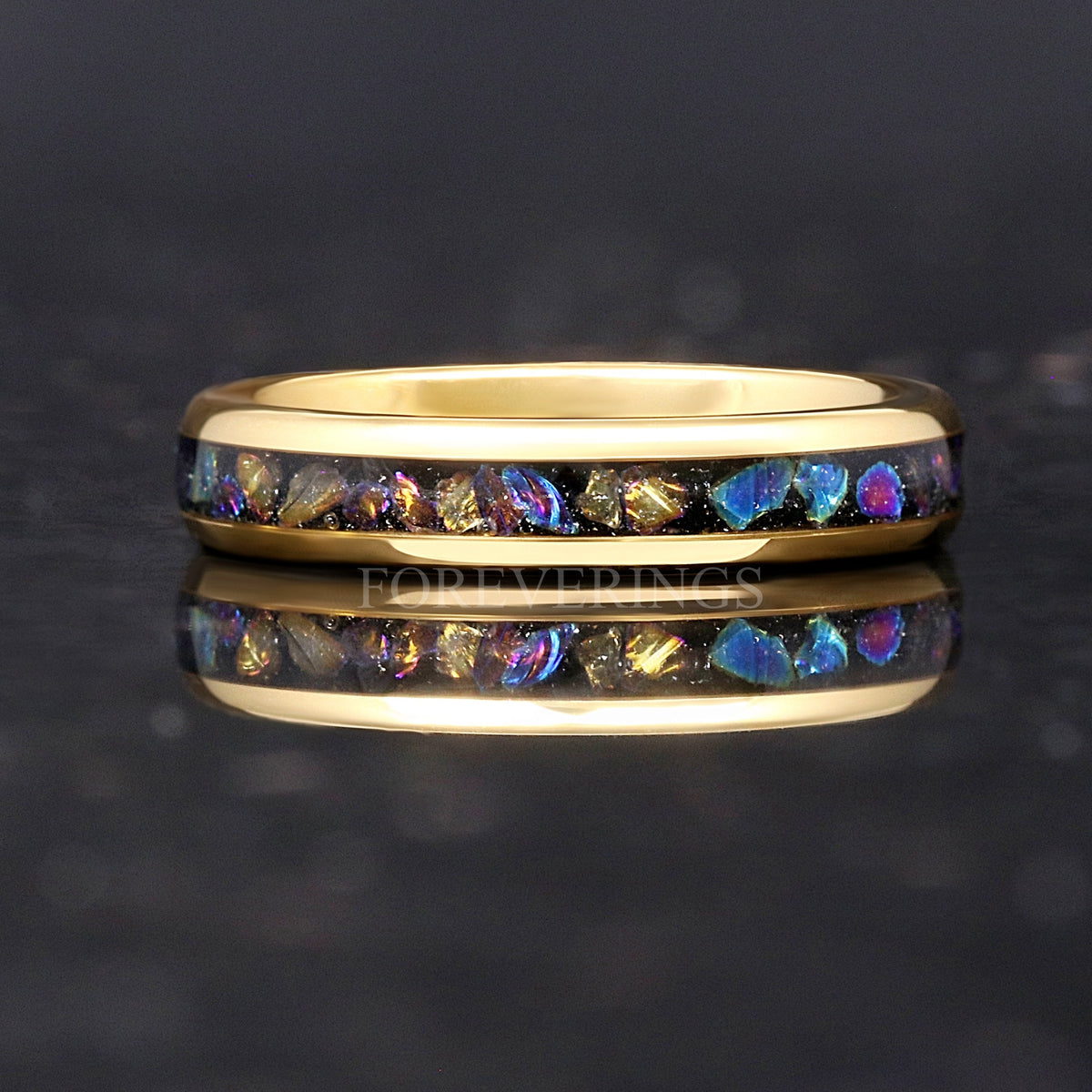 4mm Veil Nebula Ring, Witch's Broom, Tungsten Outer Space Ring, Man Woman Wedding Ring, Comfort Fit, Yellow Gold Band, Dome, Polish