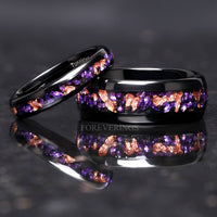 Matching Amethyst Wedding Band Set, Purple Couples Ring Set, His and Hers Tungsten Bands, 8mm & 4mm Black Dome Polish, Comfort Fit Ring