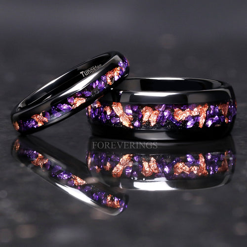 Matching Amethyst Wedding Band Set, Purple Couples Ring Set, His and Hers Tungsten Bands, 8mm & 4mm Black Dome Polish, Comfort Fit Ring